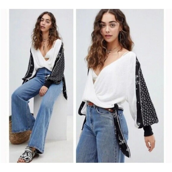 Free People Auxton Waffle Thermal Wrap Crop Medium Shirt Black White Floral - Picture 1 of 7